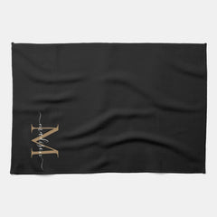 Elegant Stylish Black Gold Monogram Script Name Kitchen Towel