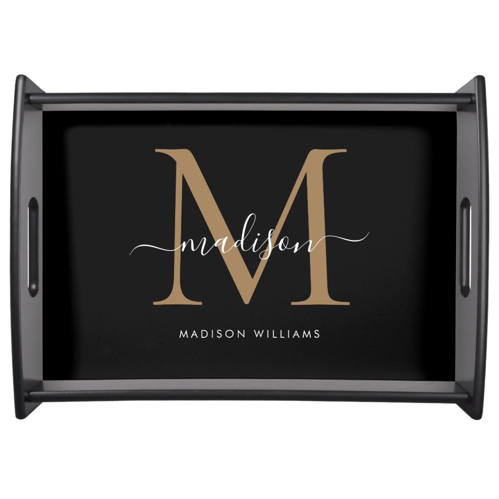 Elegant Black Gold Girly Monogram Script Name Serving Tray