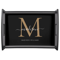 Elegant Black Gold Girly Monogram Script Name Serving Tray
