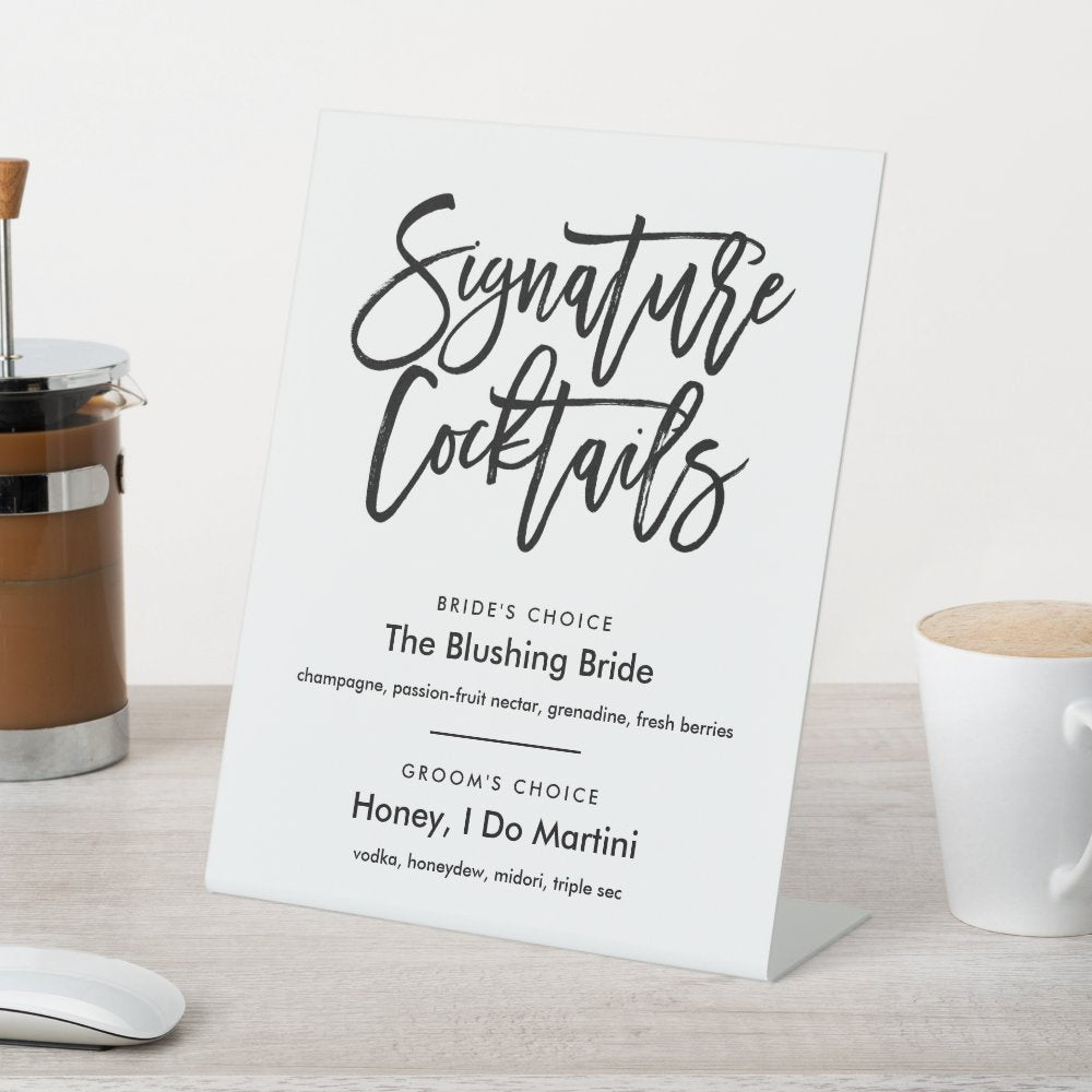 Chic Hand Lettered Signature Cocktails Menu Black Pedestal Sign