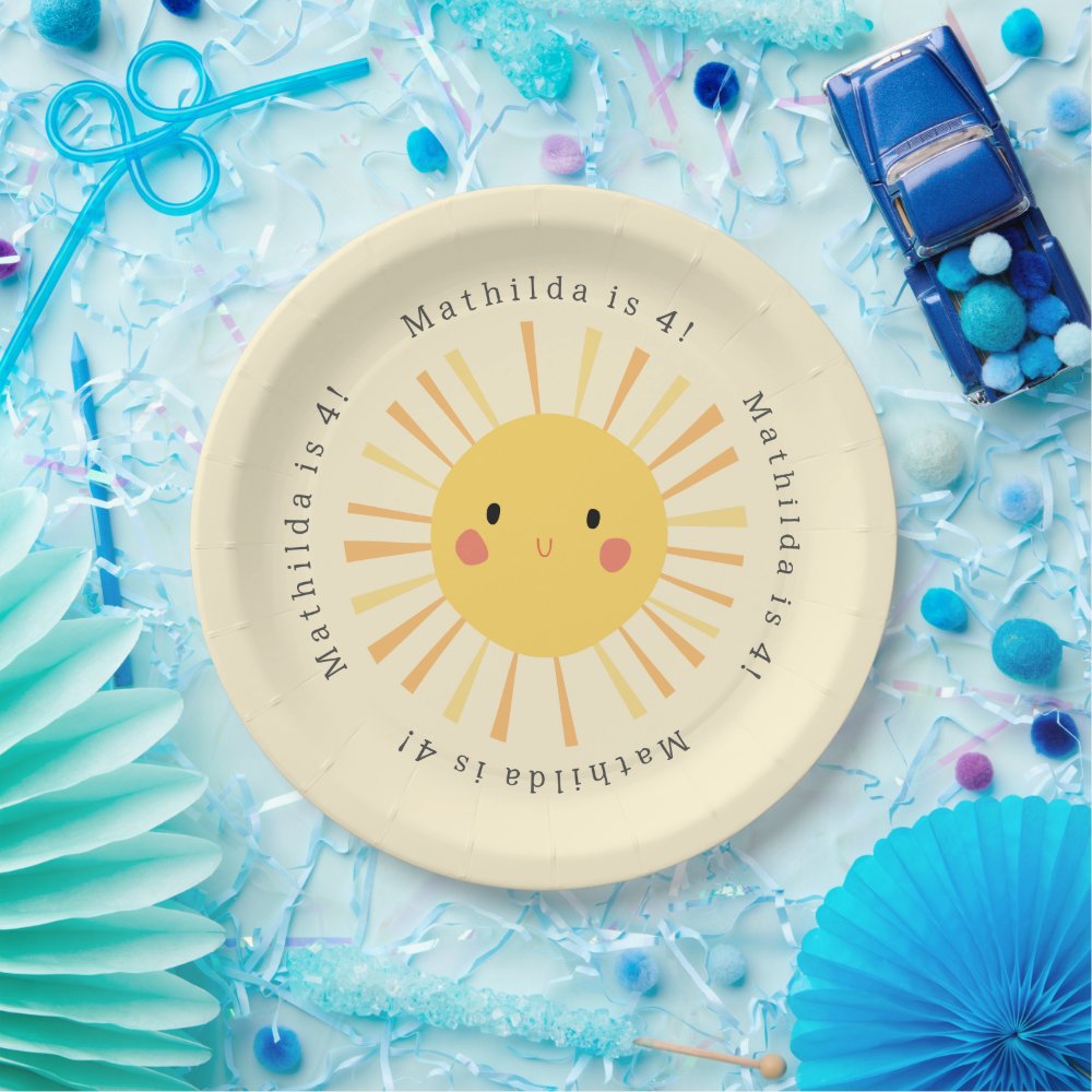 Cute yellow sunshine illustration birthday party paper plates