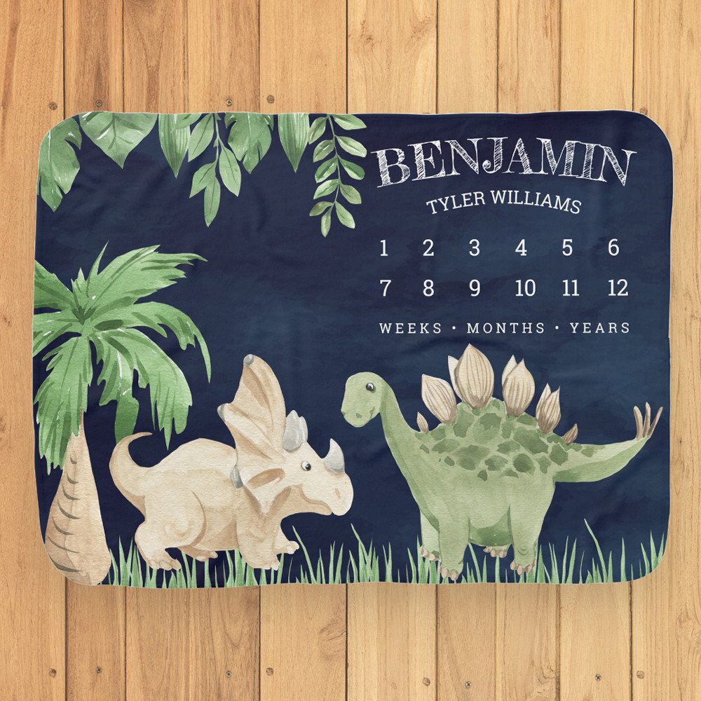 Rustic Jungle Cute Baby Dinosaurs Navy Milestone Blanket