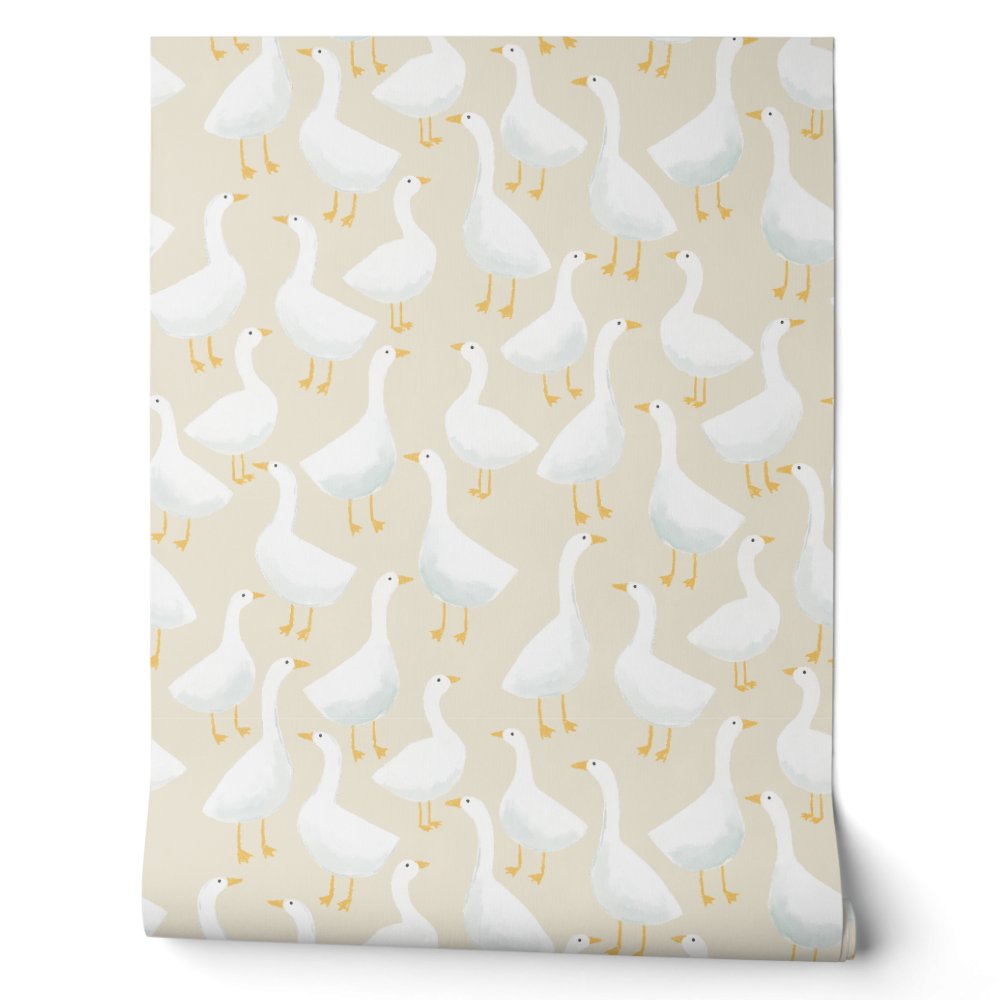 Whimsical Goose Pattern Soft Neutral Style Wallpaper