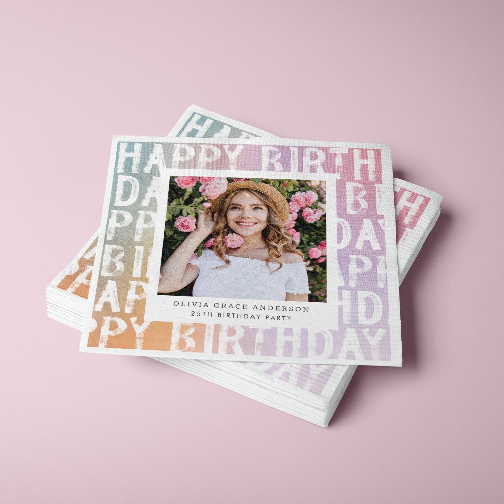 Modern pastel rainbow pink photo birthday party napkins