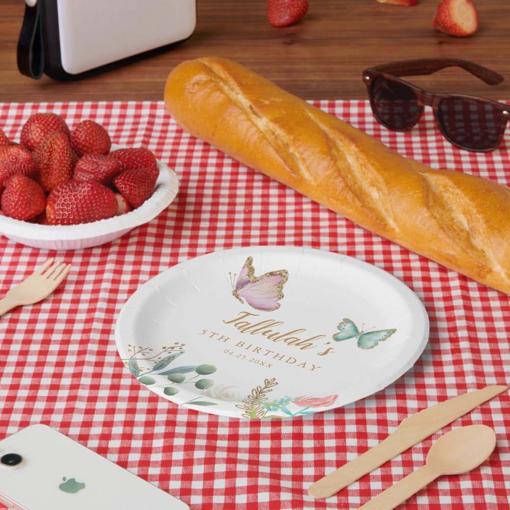 Whimsical Gold Butterfly Garden Birthday Party Paper Plates