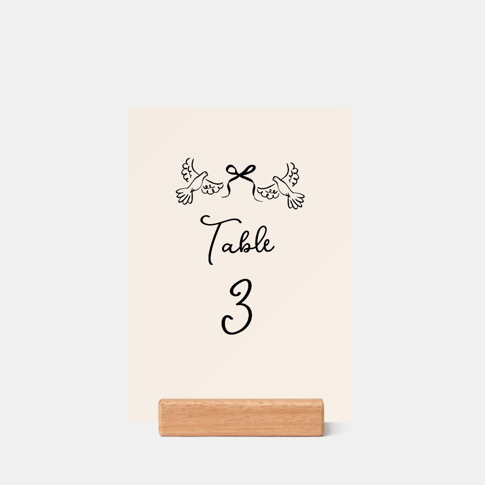 Minimal Hand-Drawn Doves Wedding Table Number Card Holder