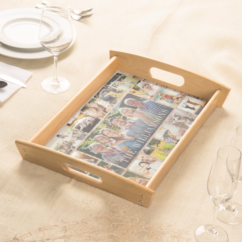 Custom Family Photo Collage Rustic Wood Modern Serving Tray