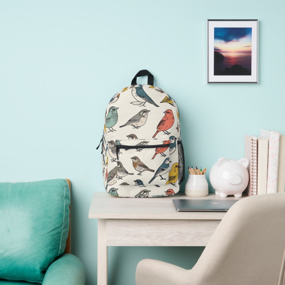 Tiled Birds Pattern Printed Backpack