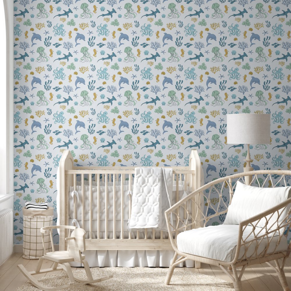 Blue Ocean Animals Boy's Room Wallpaper